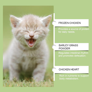 Kitten on grass with text about pet food ingredients at Pet Servo