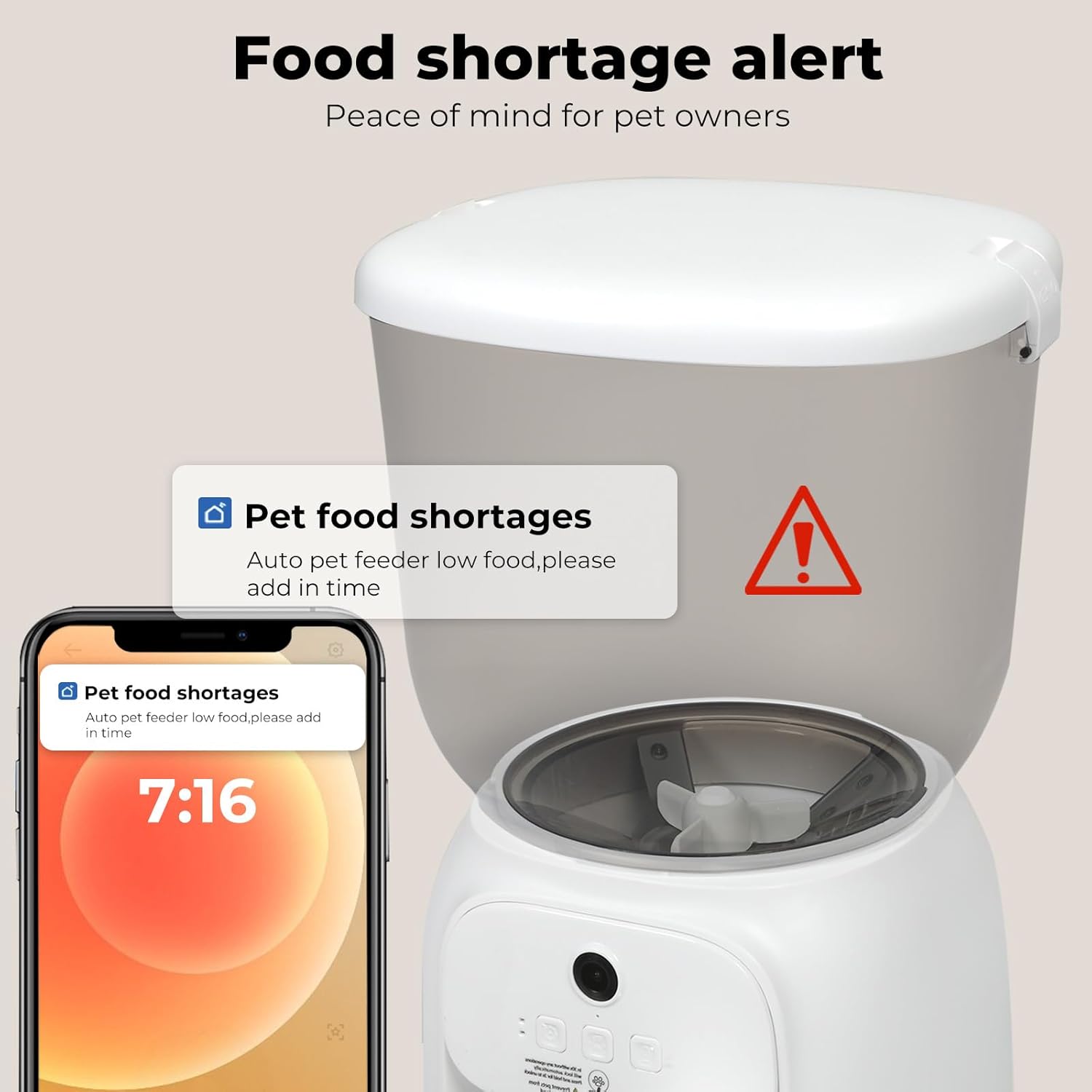 A pet feeder product shown on a light beige background with promotional text. The feeder has a white outer body, a gray upper container, and a visible inner bowl at Pet Servo