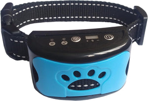 Blue and black dog collar with electronic components on a white background
