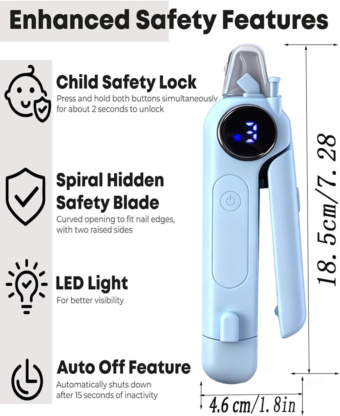 Nail clipper with safety features and dimensions on a white background at Pet Servo