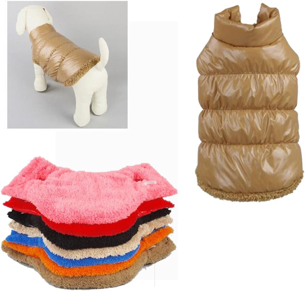 Dog puffer jacket and stack of colorful fleece blankets on a white background at Pet Servo