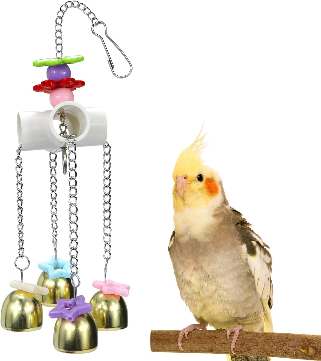 Bird toy with colorful beads and bells next to a small parrot on a white background at Pet Servo