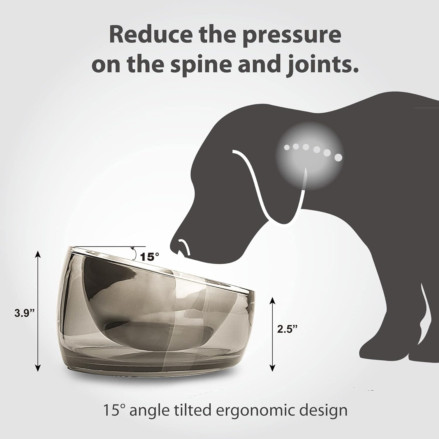 Ergonomic dog bowl with text highlighting its benefits on a gray background at Pet Servo