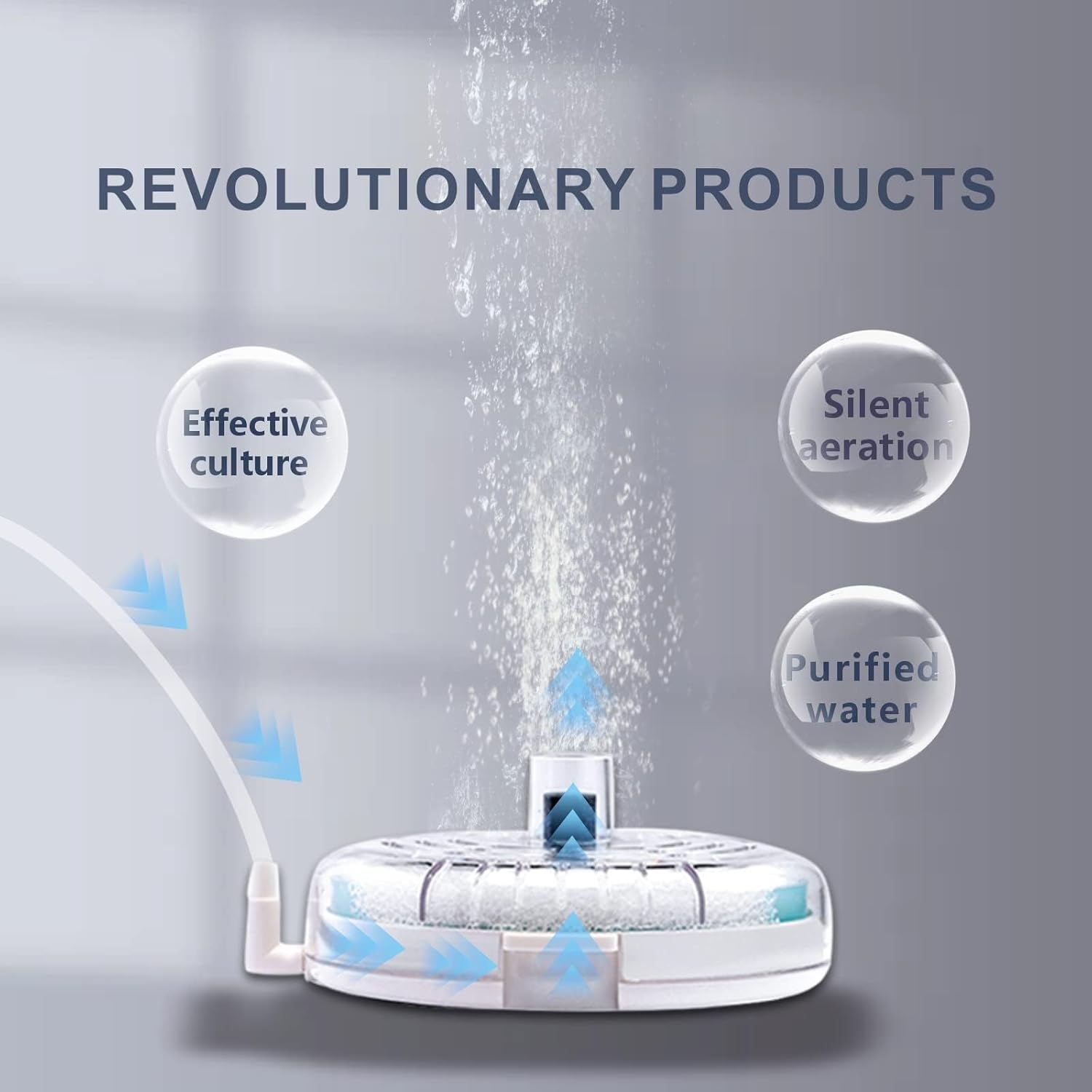 Product with features labeled 'Effective culture', 'Silent aeration', and 'Purified water' on a gray background at Pet Servo