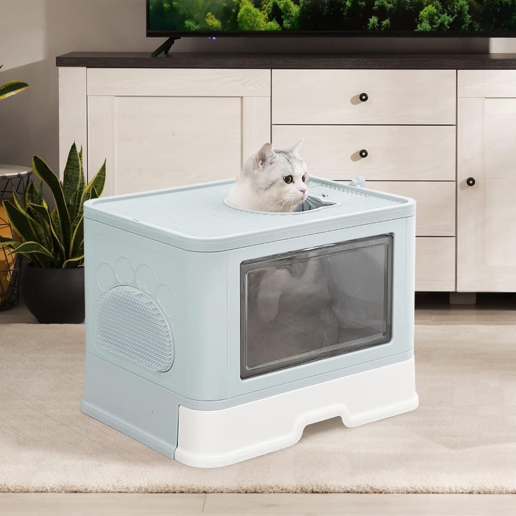 PaWz - Foldable Cat Litter Box Tray Enclosed Kitty Toilet Hood Hair with Separate Entry and Exit Door at Pet Servo