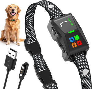 Dog collar with electronic device, USB cable, and dog on a white background at Pet Servo