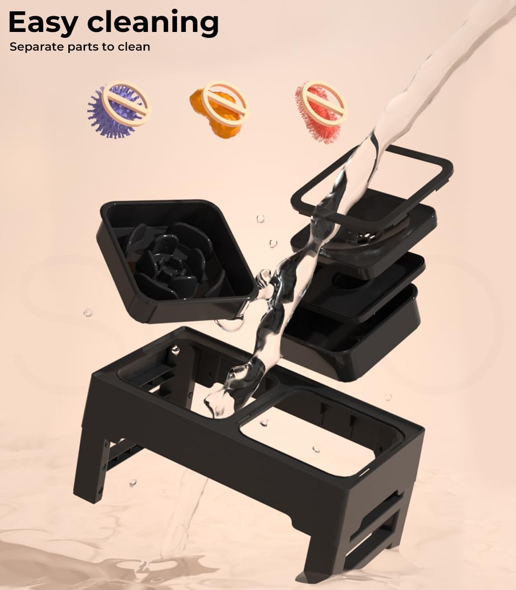 Black plastic cleaning brush holder set shown disassembled with water pouring over it, plus floating brush head icons and the text 'Easy cleaning' and 'Separate parts to clean' on a light beige background at Pet Servo