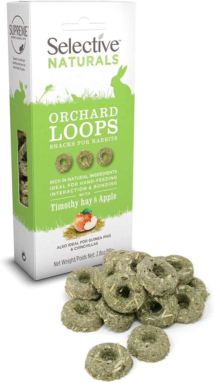 Box of Selective Naturals Orchard Loops snacks for rabbits with loose snacks in front at Pet Servo