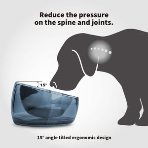 A blue translucent pet bowl shown on a light gray background with text and a dog silhouette explaining ergonomic support. The image reads 'Reduce the pressure on the spine and joints at Pet Servo