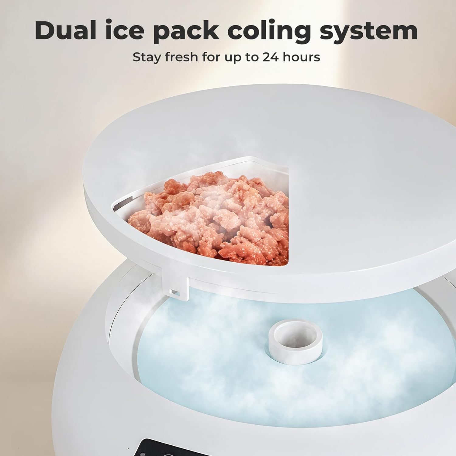 Dual ice pack cooling system with ice cubes visible, text indicating 24-hour freshness at Pet Servo