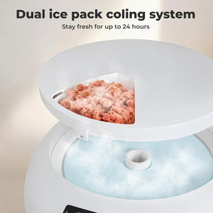 Dual ice pack cooling system with ice cubes visible, text indicating 24-hour freshness at Pet Servo