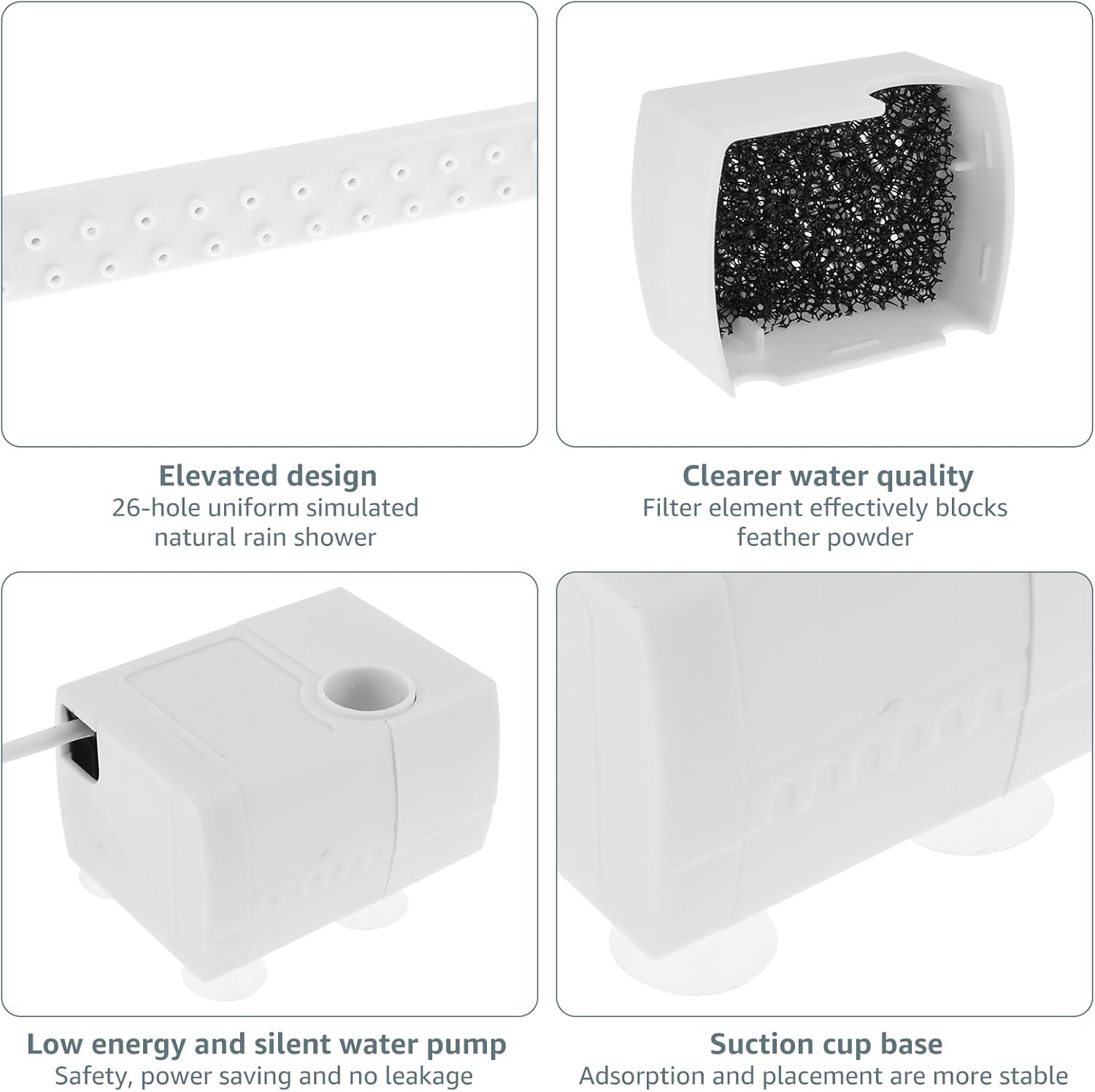 Product features with text on an elevated design, water quality, pump, and base at Pet Servo
