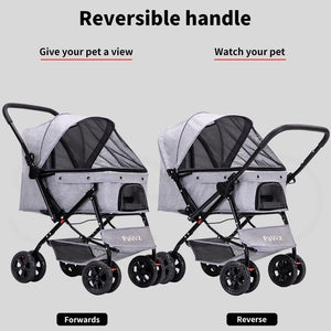 A pet stroller shown twice side by side on a light gray background, labeled 'Reversible handle' with explanatory text. The left stroller is labeled 'Forwards' and the right stroller 'Reverse,' showing the handlebar orientation change at Pet Servo