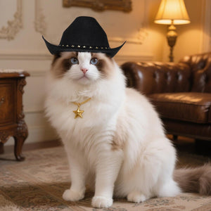 Cat wearing a black cowboy hat and gold star necklace in a room with a brown leather couch and lamp at Pet Servo