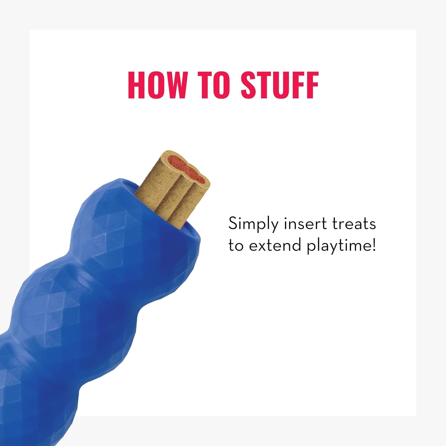 Blue dog toy with cork end and text on a white background at Pet Servo