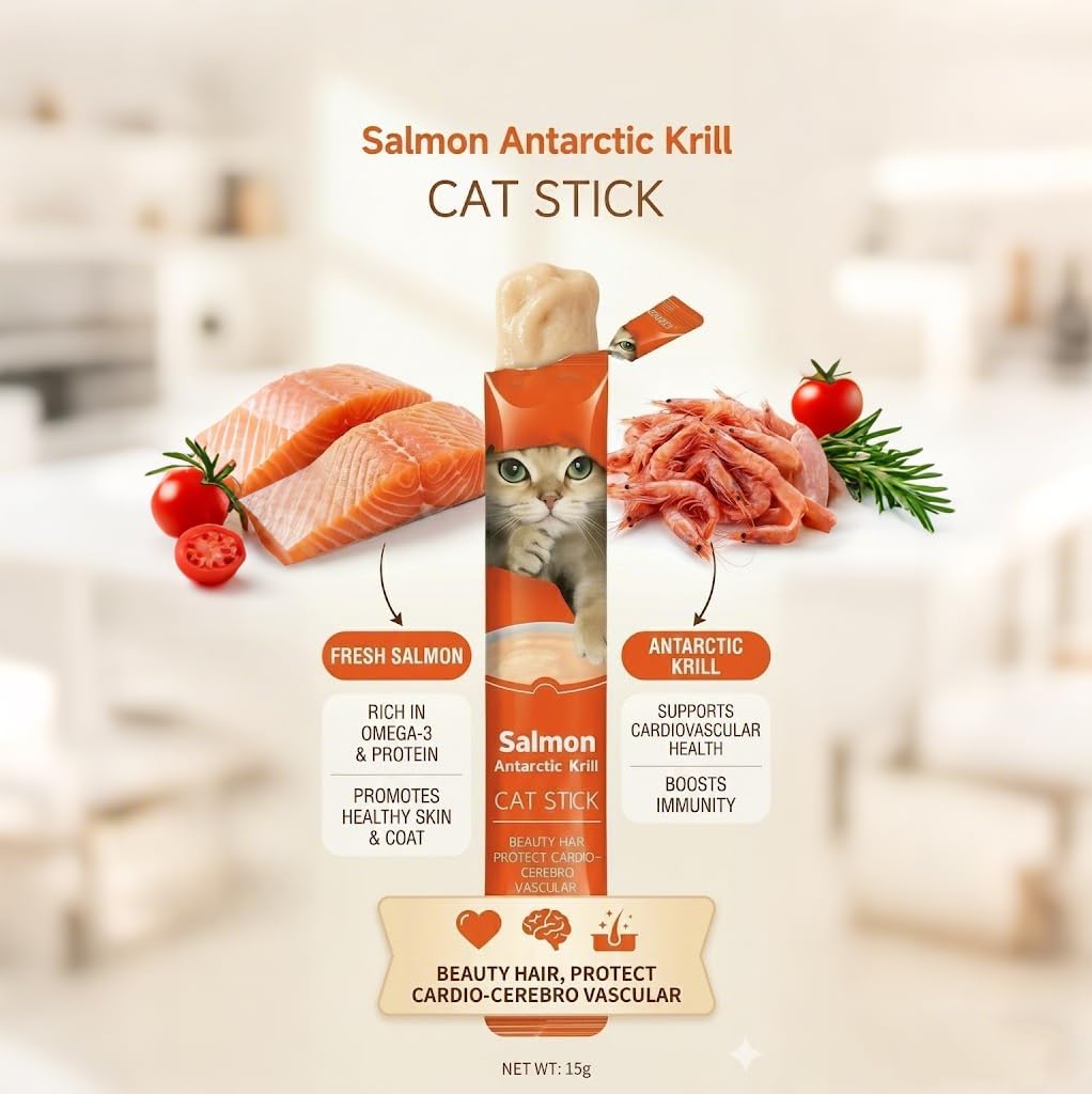 Salmon Antarctic Krill Cat Stick packaging with ingredients and benefits displayed at Pet Servo