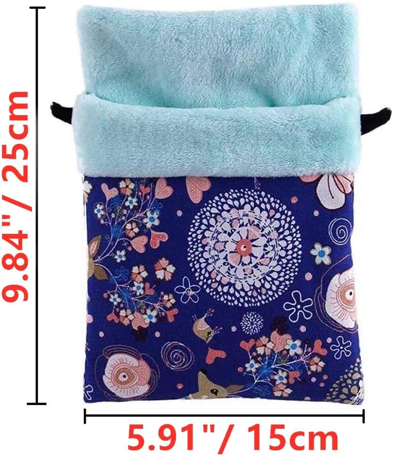 Floral-patterned pouch with blue interior, shown with dimensions at Pet Servo