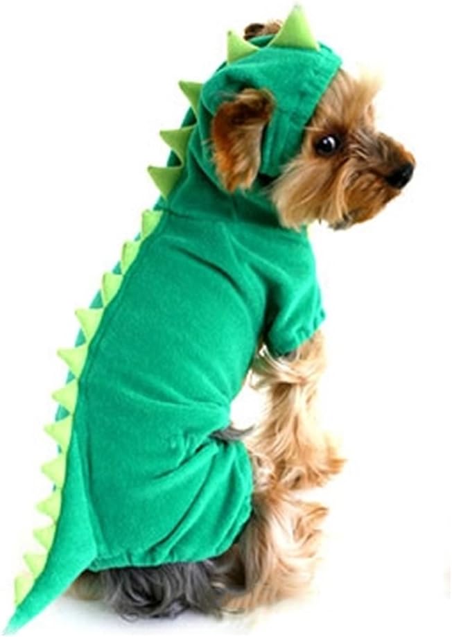Dog wearing a green dinosaur costume on a white background at Pet Servo