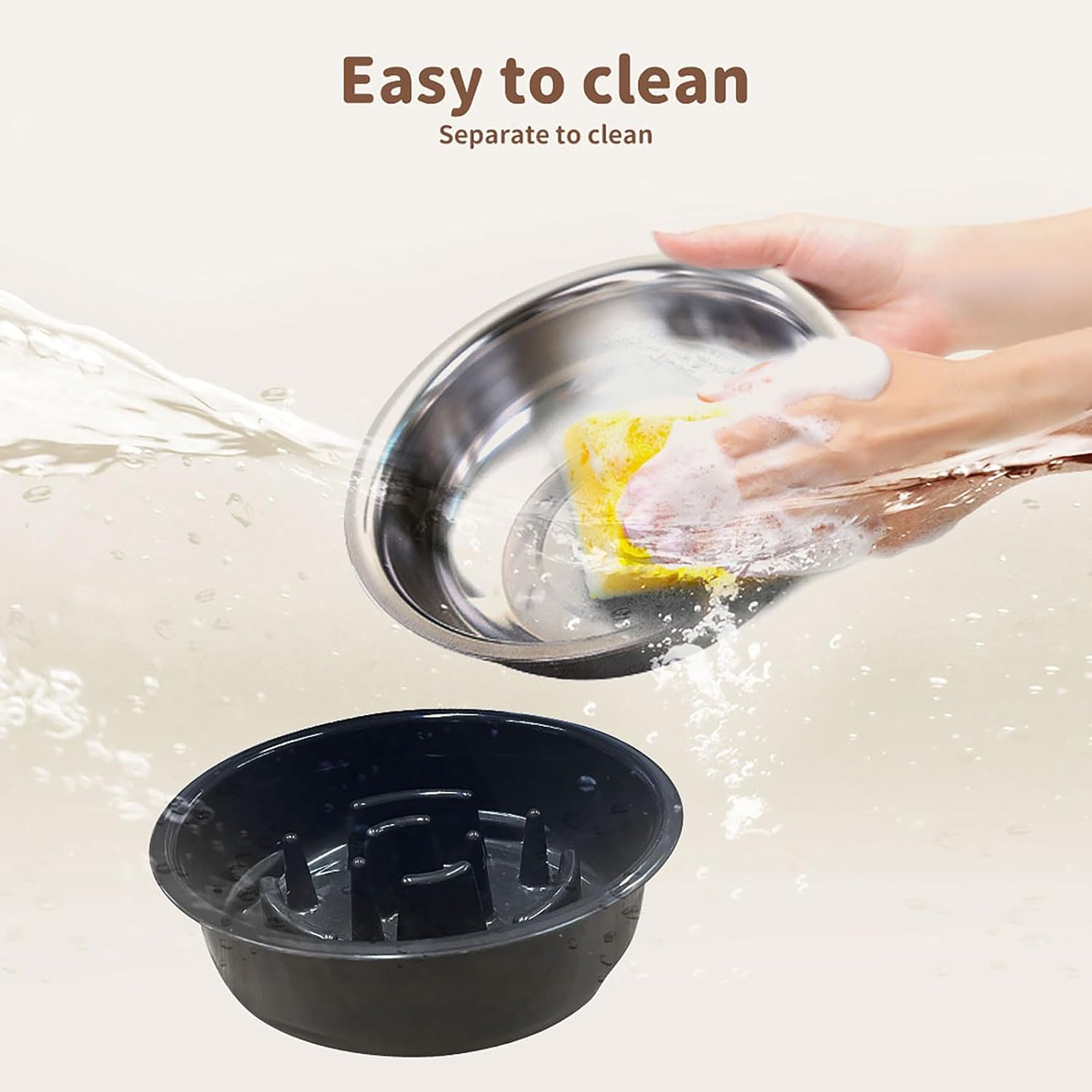 A black plastic dish rack inserts shown below a stainless-steel bowl being washed by a hand with a sponge, with the text 'Easy to clean Separate to clean' on a light beige background at Pet Servo