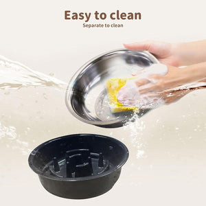 A black plastic dish rack inserts shown below a stainless-steel bowl being washed by a hand with a sponge, with the text 'Easy to clean Separate to clean' on a light beige background at Pet Servo