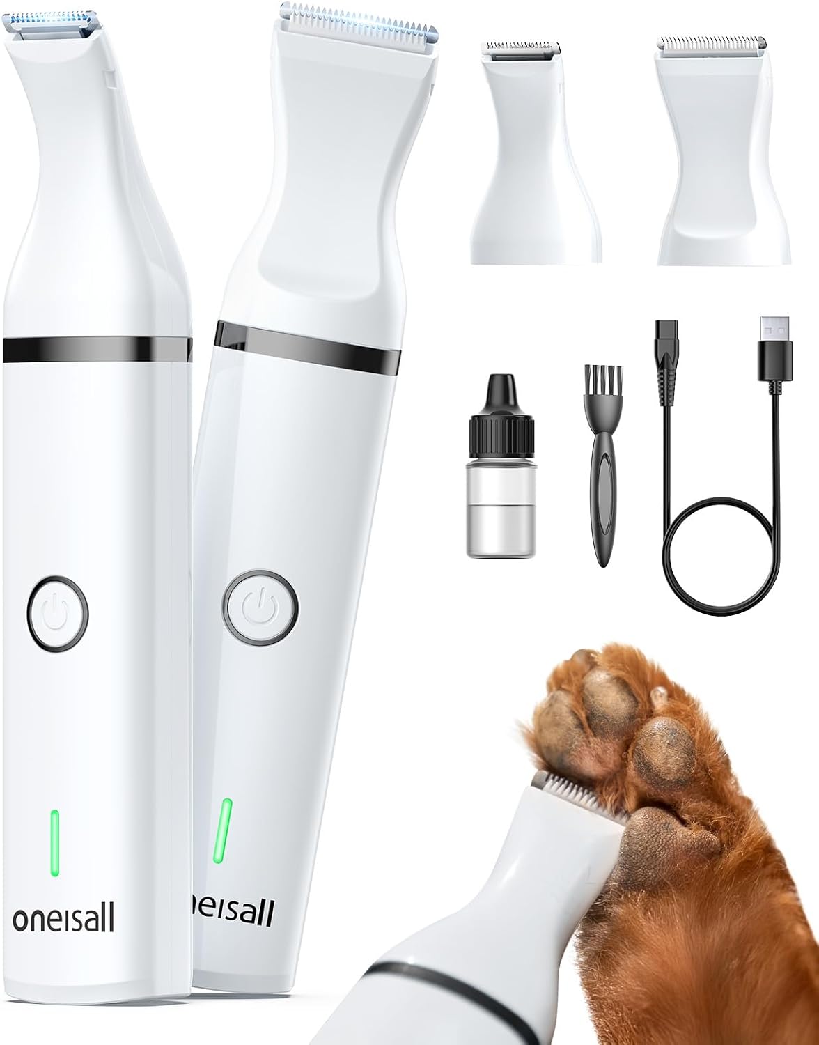 Pet grooming tool set with oneisall branding, including a dog paw being groomed at Pet Servo