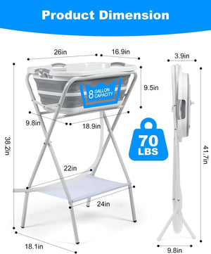 Measurement chart of a baby bathtub with stand, showing dimensions and weight capacity at Pet Servo