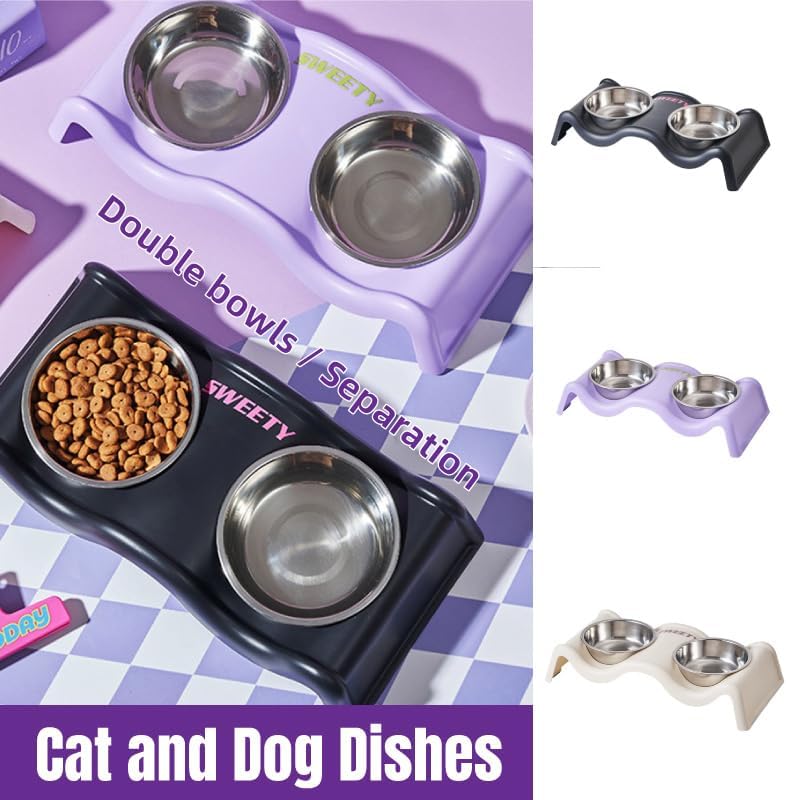 A collage showing pet double bowls: a large close-up of a lavender pet feeder/drinker base with two stainless steel bowls, a black version with a bowl of kibble, and three smaller color variants on the right. Text reads 'Double bowls / Separation' and 'Cat and Dog Dishes at Pet Servo
