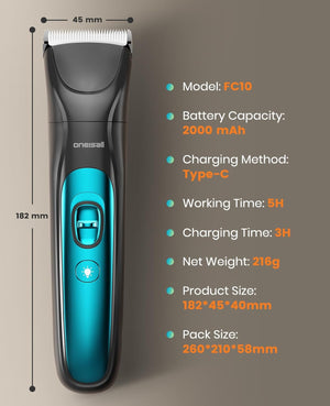 Blue and black hair trimmer with specifications on a gray background at Pet Servo