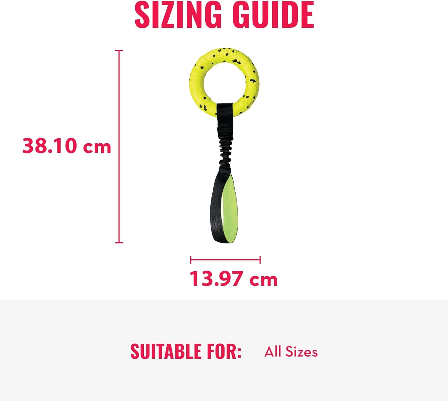 Sizing guide for a dog toy with measurements and suitability for all sizes at Pet Servo