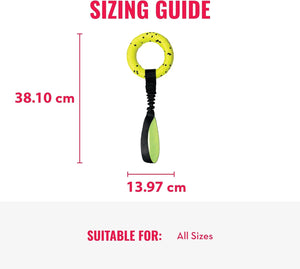 Sizing guide for a dog toy with measurements and suitability for all sizes at Pet Servo