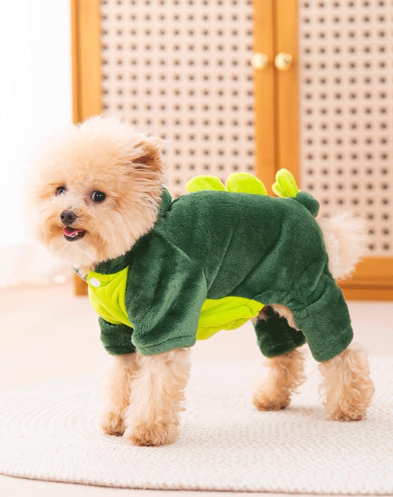 A small fluffy dog wearing a green dinosaur costume with a bright yellow-green belly and back spikes, standing on a light rug in front of a wooden cabinet.