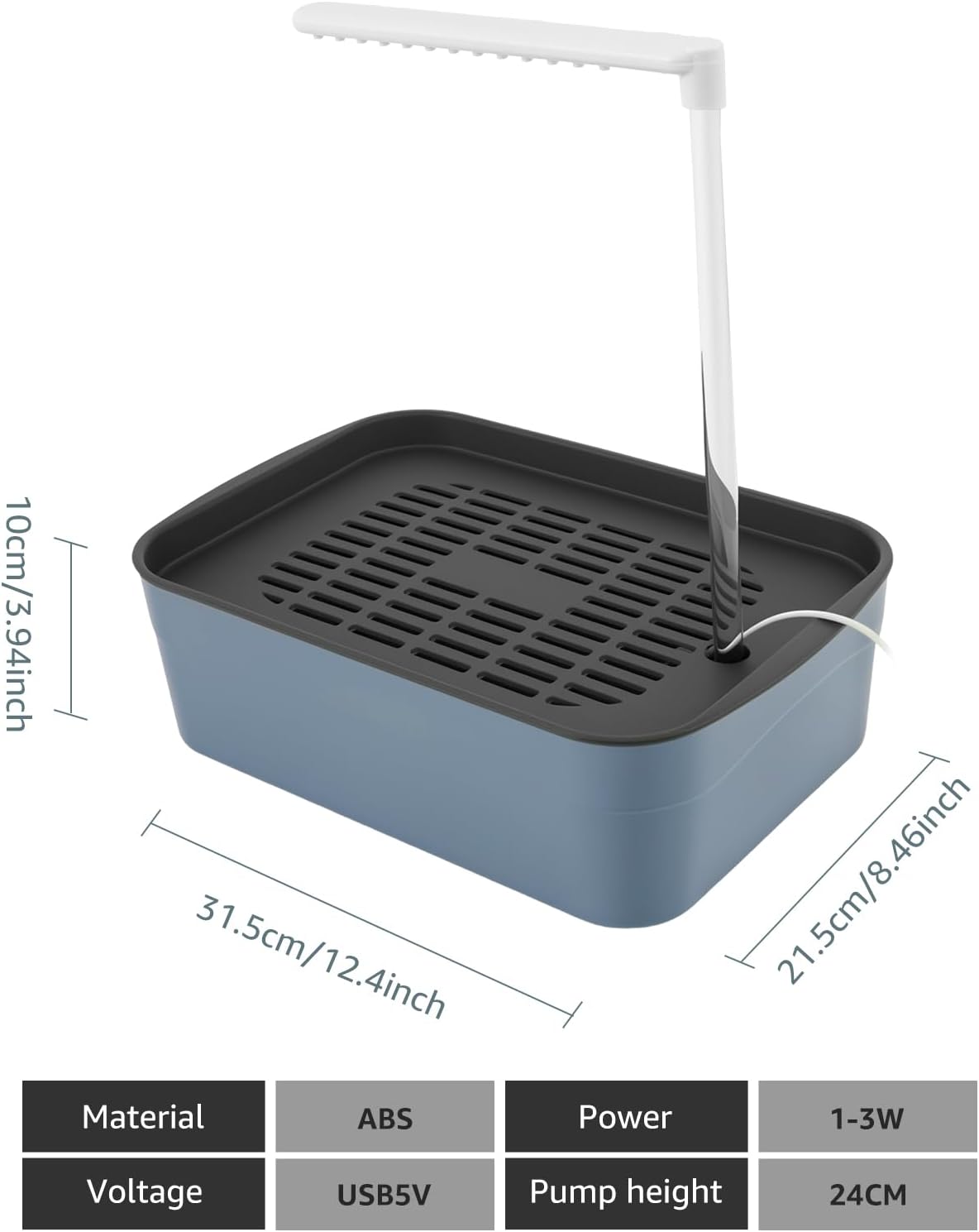 Blue rectangular water pump with black lid and white handle, showing dimensions and technical specifications at Pet Servo