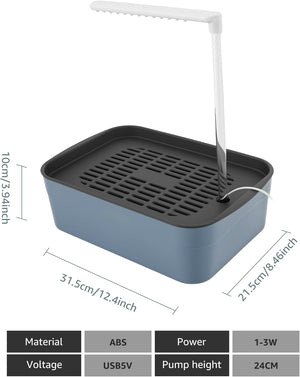 Blue rectangular water pump with black lid and white handle, showing dimensions and technical specifications at Pet Servo