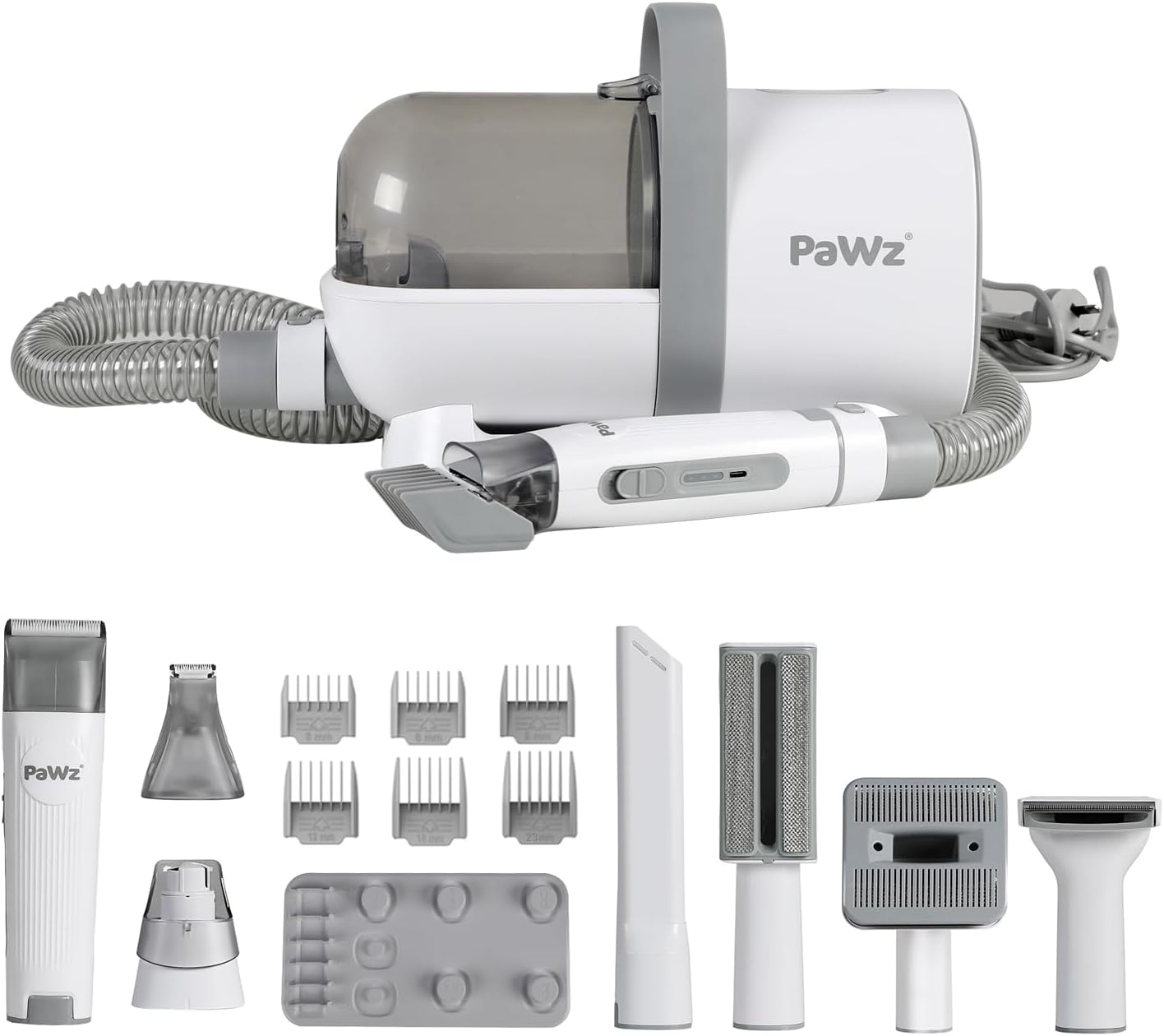 A white and gray pet grooming kit with a main canister unit, flexible hose, and multiple attachments including a trimmer, comb guards, brush, and grooming heads, shown on a plain white background at Pet Servo