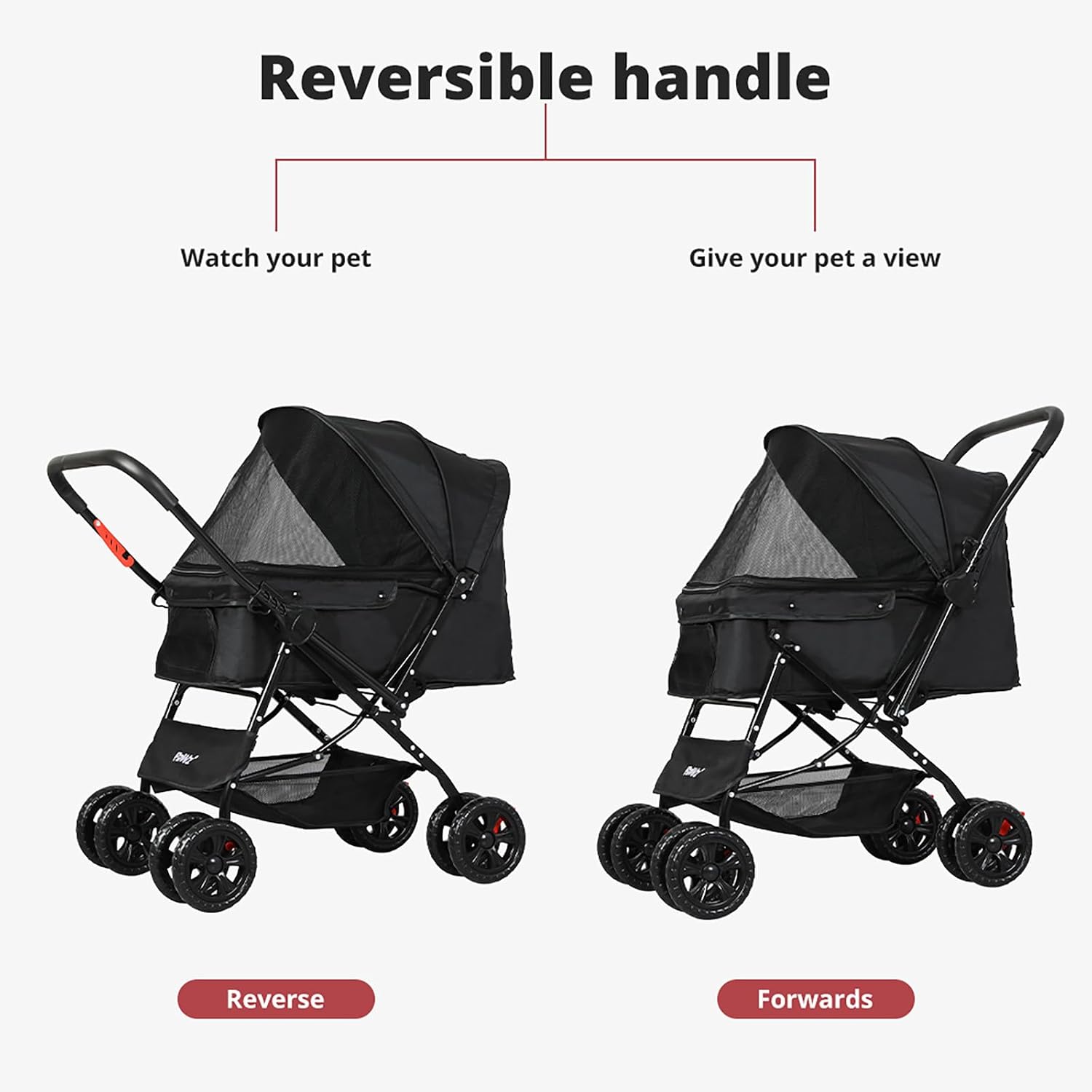A product infographic showing a black pet stroller in two positions: reverse and forwards, with text explaining the reversible handle feature. The stroller has a black canopy, mesh window, and four black wheels at Pet Servo