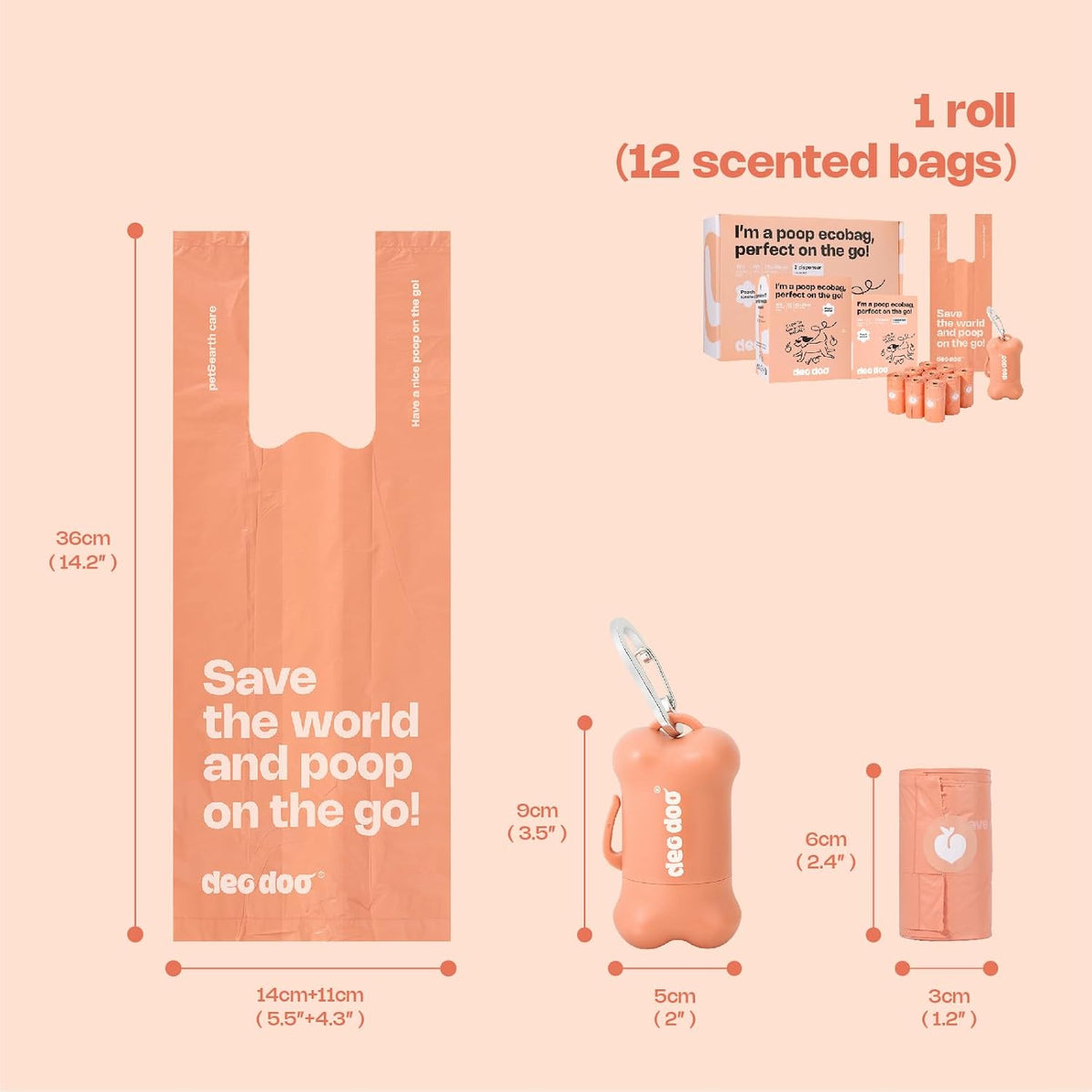 A product infographic showing a roll of peach-colored poop bags with dimensions labeled for a large bag, a bone-shaped bag, and a small bag, plus a box of the bags on a pale peach background at Pet Servo