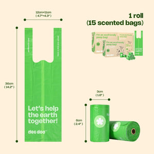 Green reusable poop bags shown with printed dimensions and packaging information on a light beige background. The image includes a large upright bag with measurements, a small roll, a second roll, and a box/packaging inset with text reading '1 roll (15 scented bags)' at Pet Servo