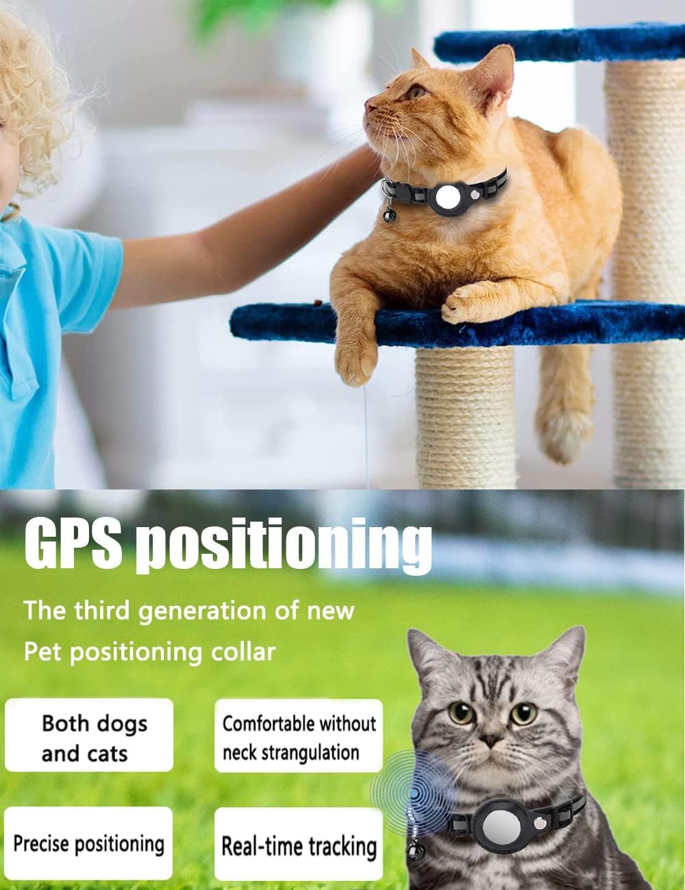 A pet positioning collar shown on an orange cat on a cat tree in a home setting, with a child touching the cat. The lower half includes marketing text about GPS positioning and features, plus a gray tabby cat wearing the collar at Pet Servo