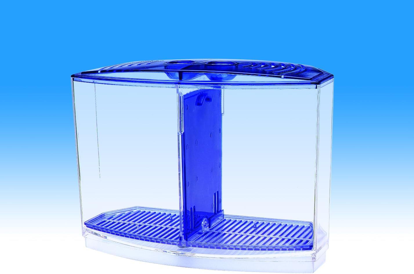 Clear plastic corner shelf with blue accents on a blue gradient background at Pet Servo