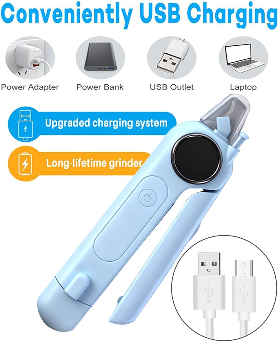 Blue handheld device with USB charging features and text indicating USB charging compatibility at Pet Servo