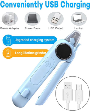 Blue handheld device with USB charging features and text indicating USB charging compatibility at Pet Servo
