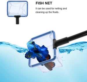 Fish net with a blue fish inside, used for cleaning up floats in water at Pet Servo