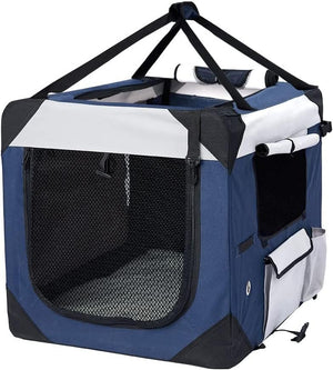 A blue and white pet crate with black mesh windows, black corner reinforcements, and black carrying straps, shown on a plain white background at Pet Servo