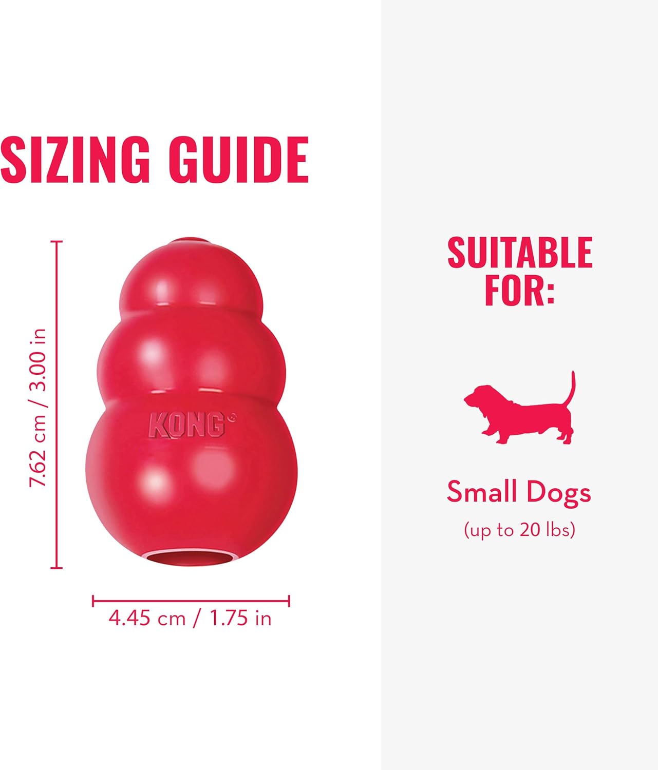 Red KONG dog toy with sizing guide and suitability for large dogs on a white background at Pet Servo