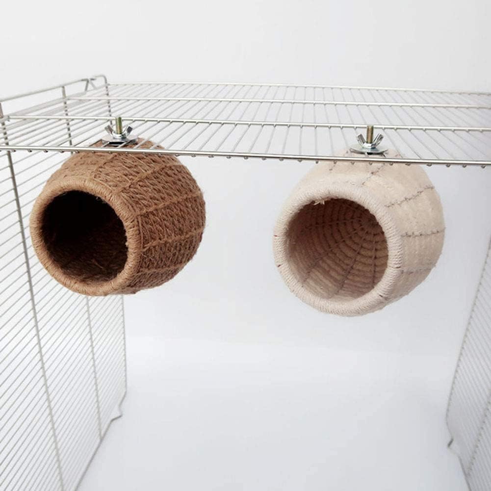 Two woven cat beds hanging from a metal rack against a white background at Pet Servo
