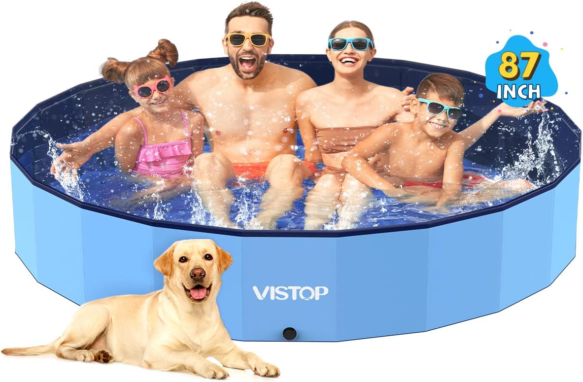 Family with children and a dog in an inflatable pool, with 'VISTOP' branding at Pet Servo
