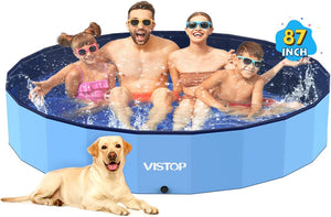 Family with children and a dog in an inflatable pool, with 'VISTOP' branding at Pet Servo