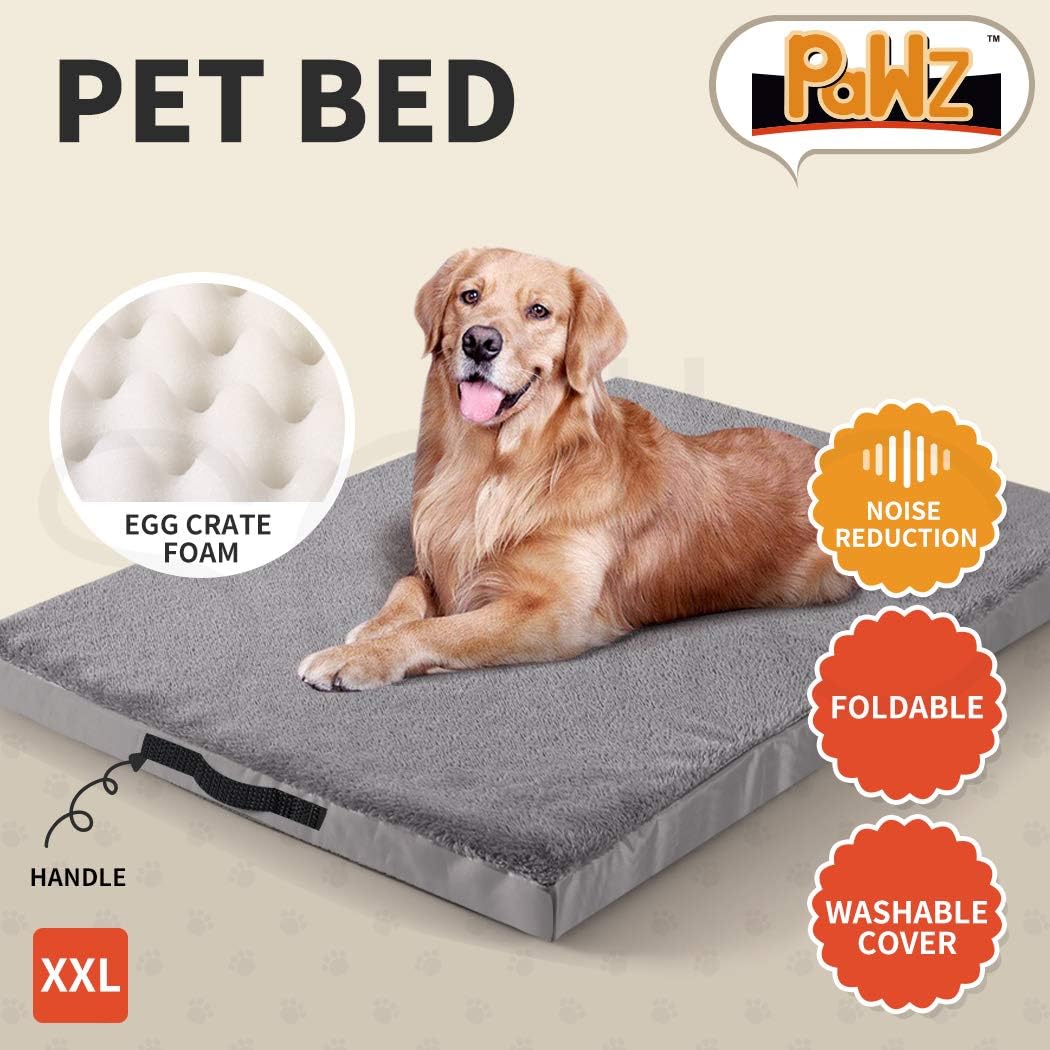 Dog lying on a gray pet bed with features highlighted, including egg crate foam, noise reduction, foldability, washable cover, handle, and XXL size at Pet Servo