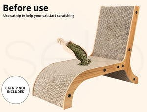 A wooden cat scratching chair with woven natural-fiber panels, shown on a light beige background with promotional text reading 'Before use' and 'Use catnip to help your cat start scratching.' A circular badge says 'CATNIP NOT INCLUDED at Pet Servo
