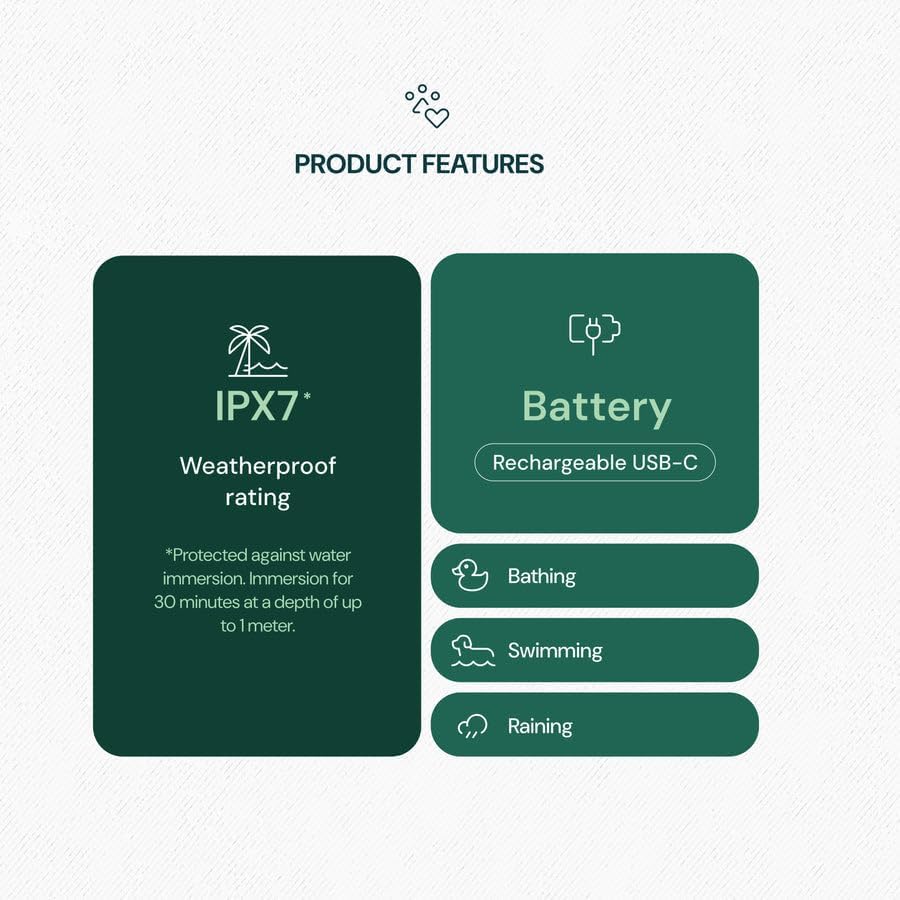 Product features including IPX7 weatherproof rating and rechargeable USB-C battery on a white background at Pet Servo
